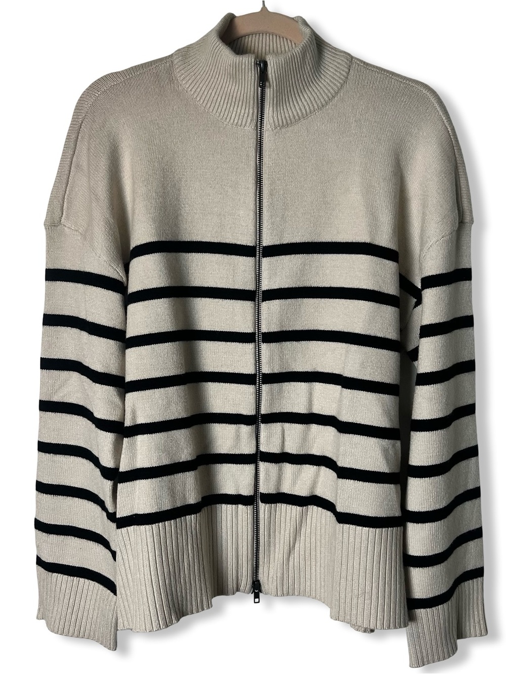 RDL Cream Black Striped Zip-Up Cardigan Drop Sleeve‎ Cropped Sweater NWT Sz. XL